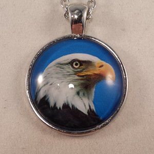 Mens Silver Bald Eagle Cabochon Pendant Necklace Party Gift